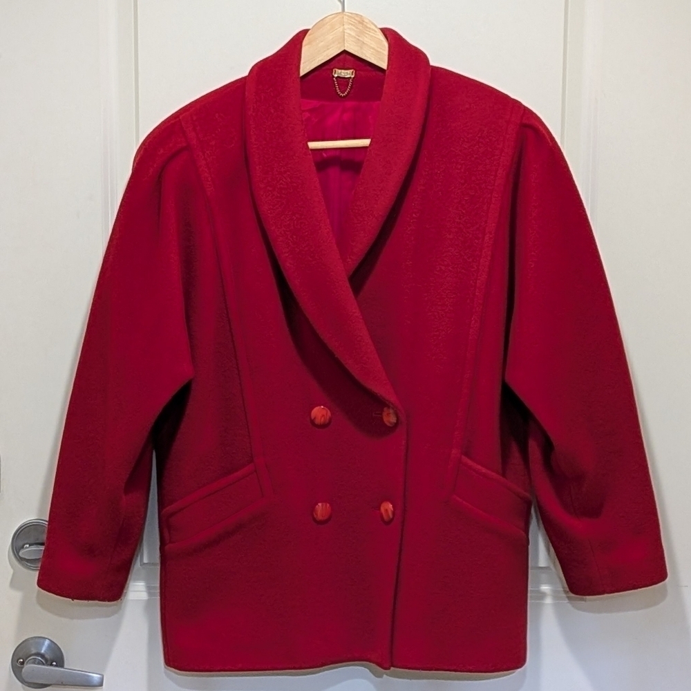EUC 80s St Sophia Paris L Cashmere and Silk Bright Red Double Breasted Coat